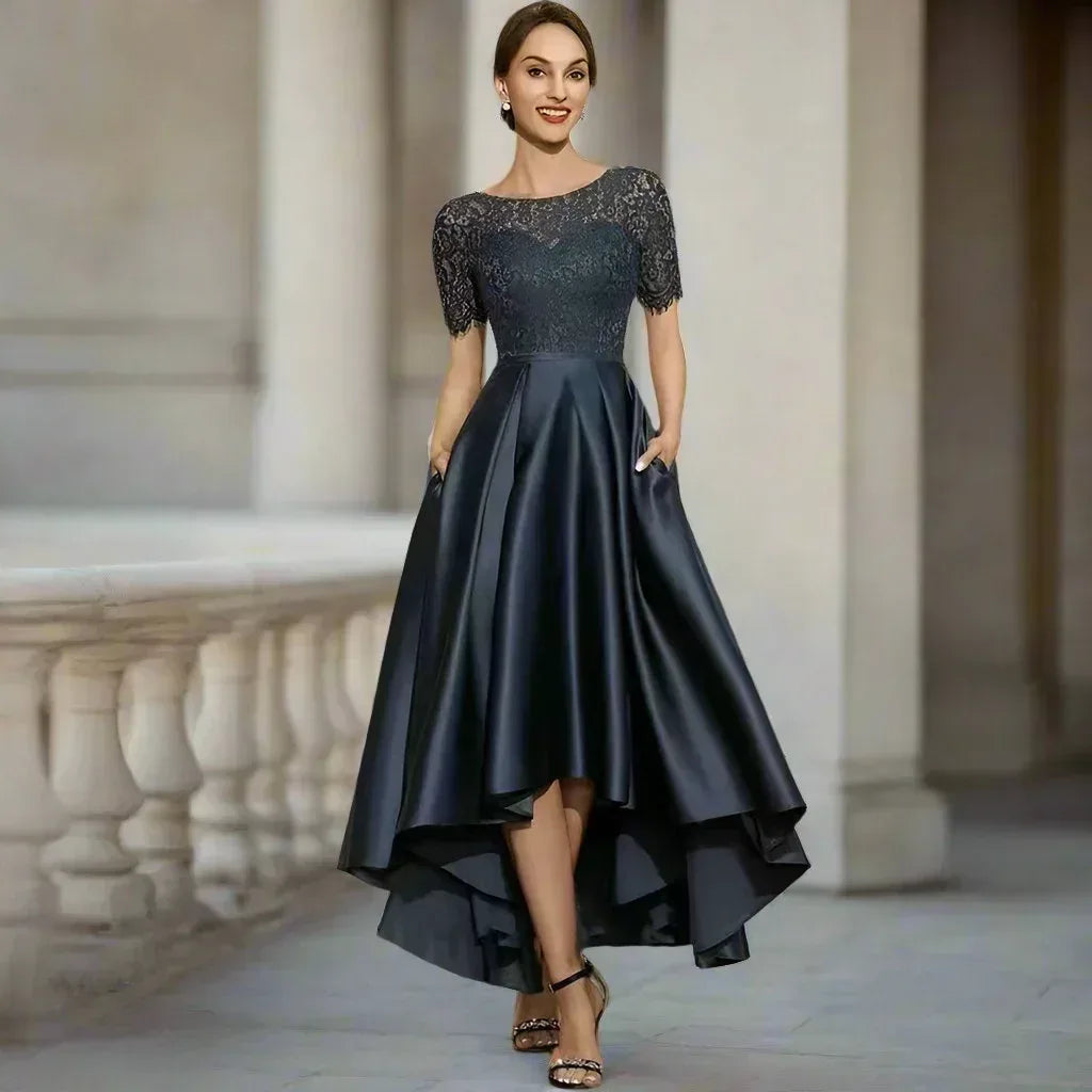 Elegant Lace Party Dress With Short Front And Long Back Design In Navy Blue - Sizes US2-26W