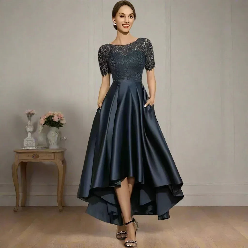 Elegant Lace Party Dress With Short Front And Long Back Design In Navy Blue - Sizes US2-26W
