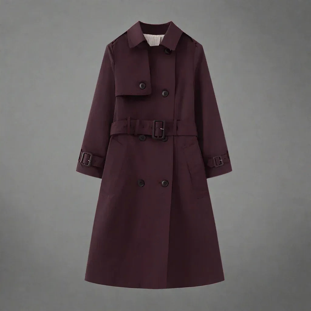 Elegant Trench Coat for Women - Belted, Long Sleeve, Solid Color, Available in Dark Red and Deep Khaki