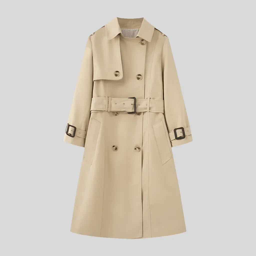 Elegant Trench Coat for Women - Belted, Long Sleeve, Solid Color, Available in Dark Red and Deep Khaki