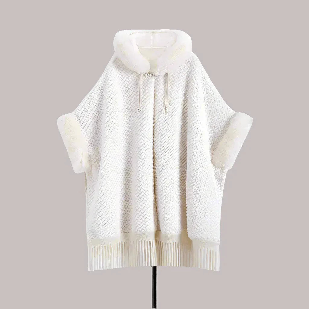 Elegant White Buckle Hooded Hanfu Shawl Cloak with Twill Rabbit Fur and Tassel Details