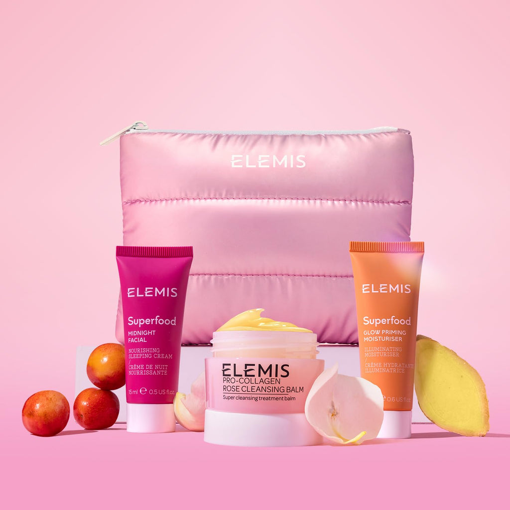 Elemis Way to Glow Exclusive Skincare Kit – Travel Set with Rose Cleansing Balm, Glow Priming Moisturizer & Midnight Facial
