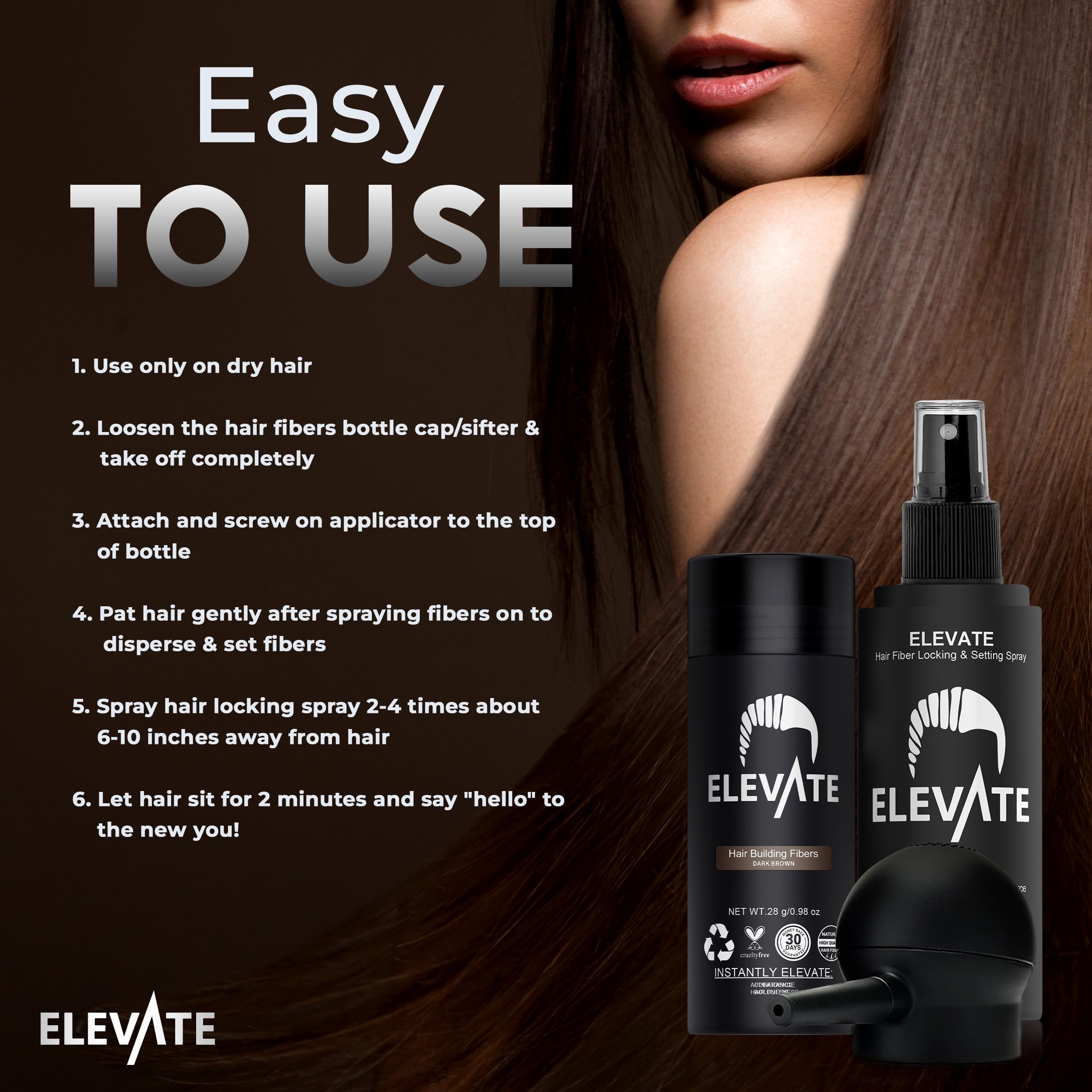 Elevate Hair Perfecting 3-in-1 Kit: Natural Keratin Fibers, Pump Applicator & Locking Spray for Instant Density (Dark Brown)