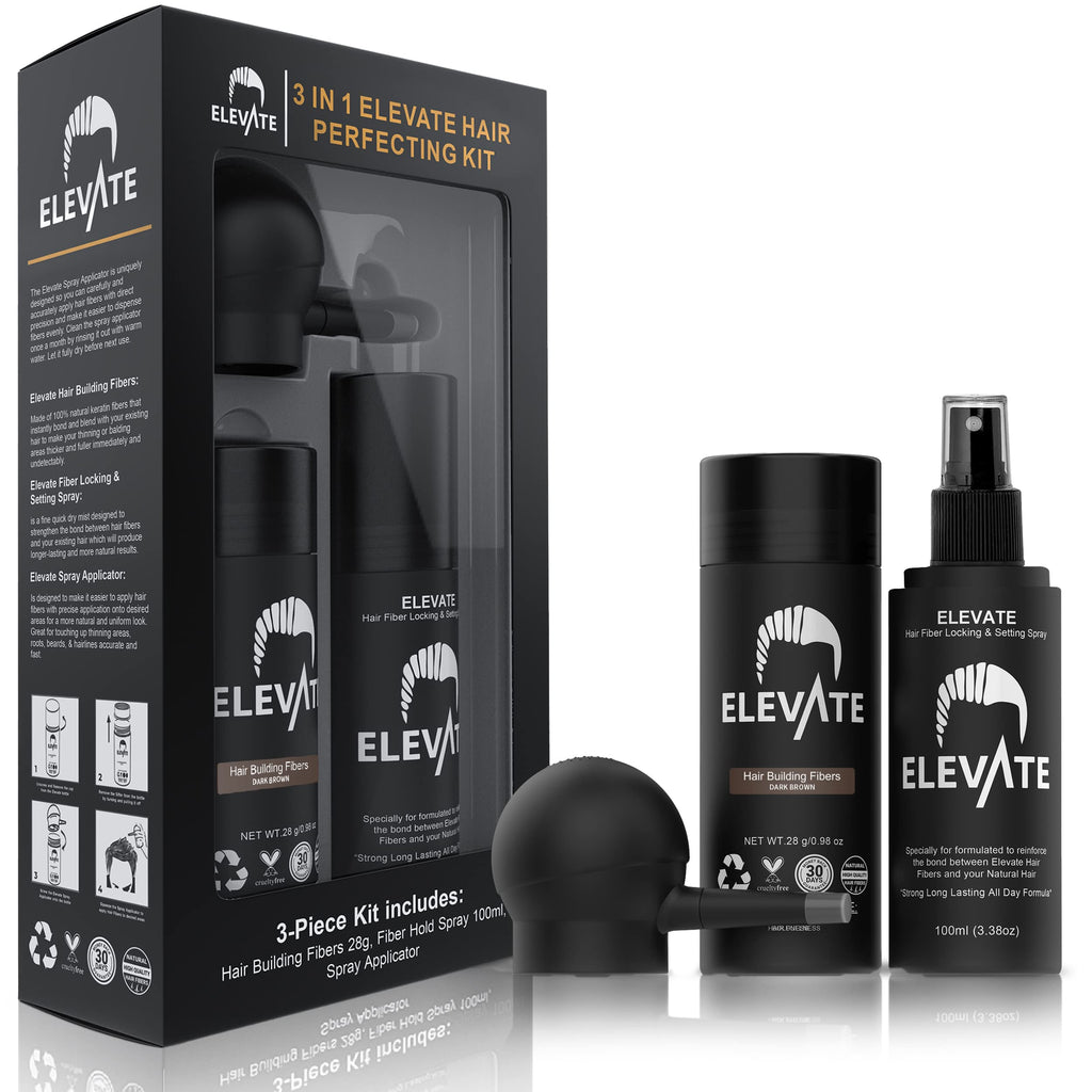 Elevate Hair Perfecting 3-in-1 Kit: Natural Keratin Fibers, Pump Applicator & Locking Spray for Instant Density (Dark Brown)