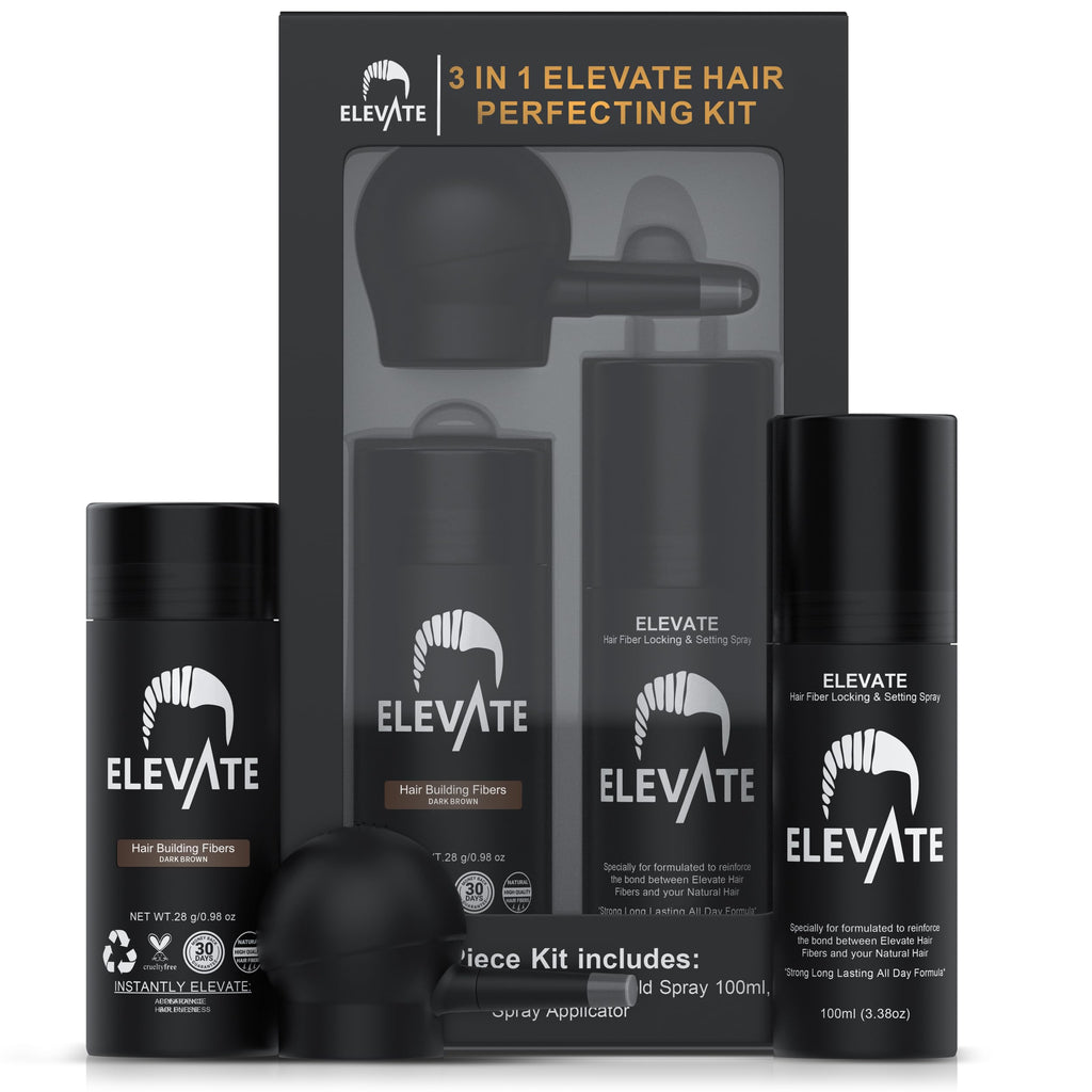 Elevate Hair Perfecting 3-in-1 Kit: Natural Keratin Fibers, Pump Applicator & Locking Spray for Instant Density (Dark Brown)