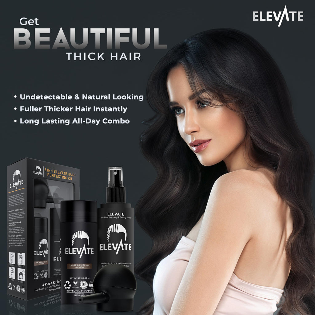 Elevate Hair Perfecting 3-in-1 Kit: Natural Keratin Fibers, Pump Applicator & Locking Spray for Instant Density (Dark Brown)