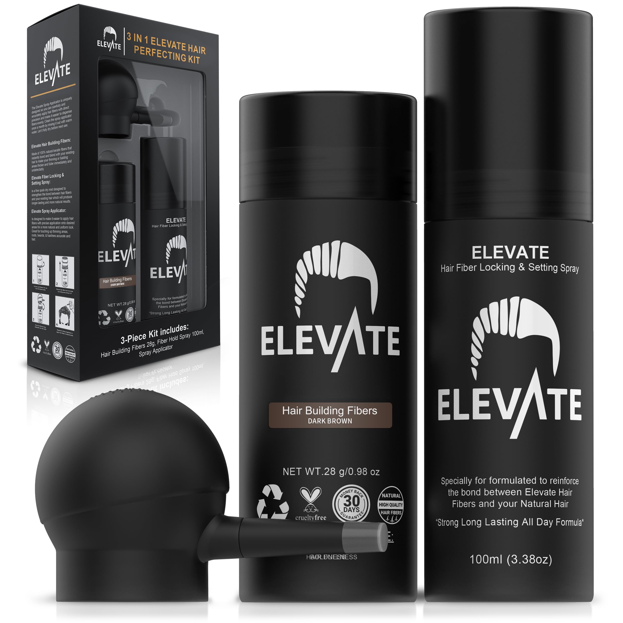 Elevate Hair Perfecting 3-in-1 Kit: Natural Keratin Fibers, Pump Applicator & Locking Spray for Instant Density (Dark Brown)