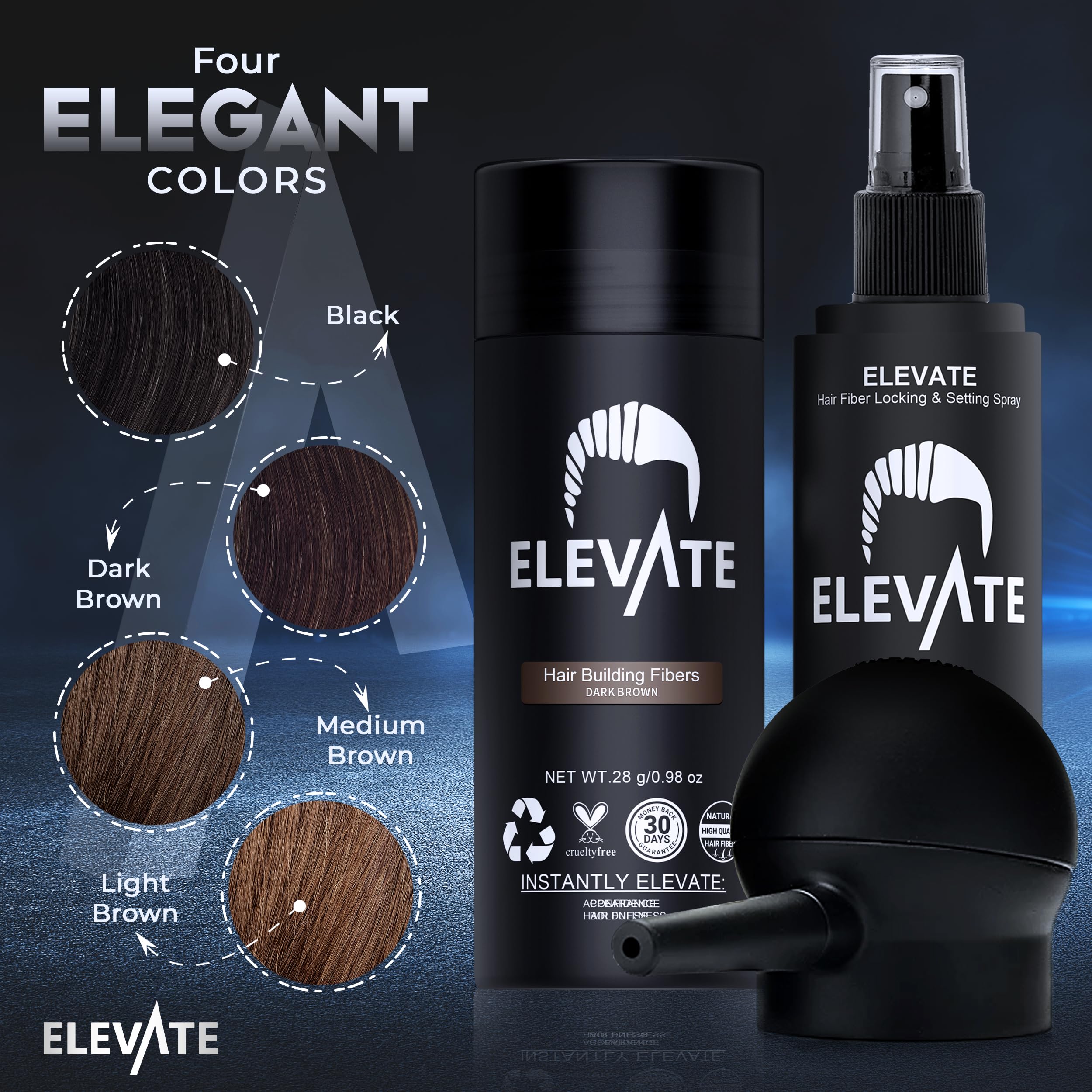 Elevate Hair Perfecting 3-in-1 Kit: Natural Keratin Fibers, Pump Applicator & Locking Spray for Instant Density (Dark Brown)
