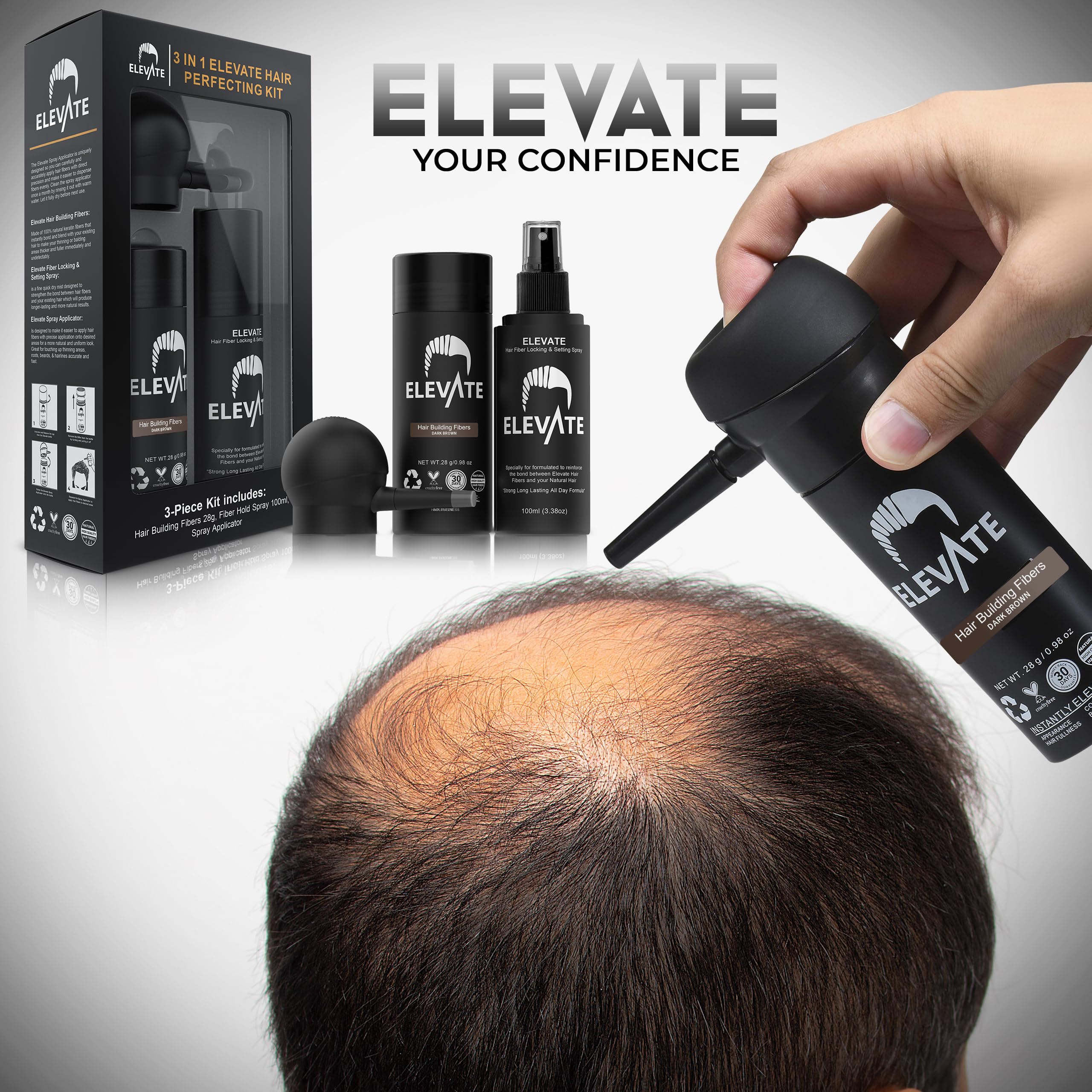 Elevate Hair Perfecting 3-in-1 Kit: Natural Keratin Fibers, Pump Applicator & Locking Spray for Instant Density (Dark Brown)