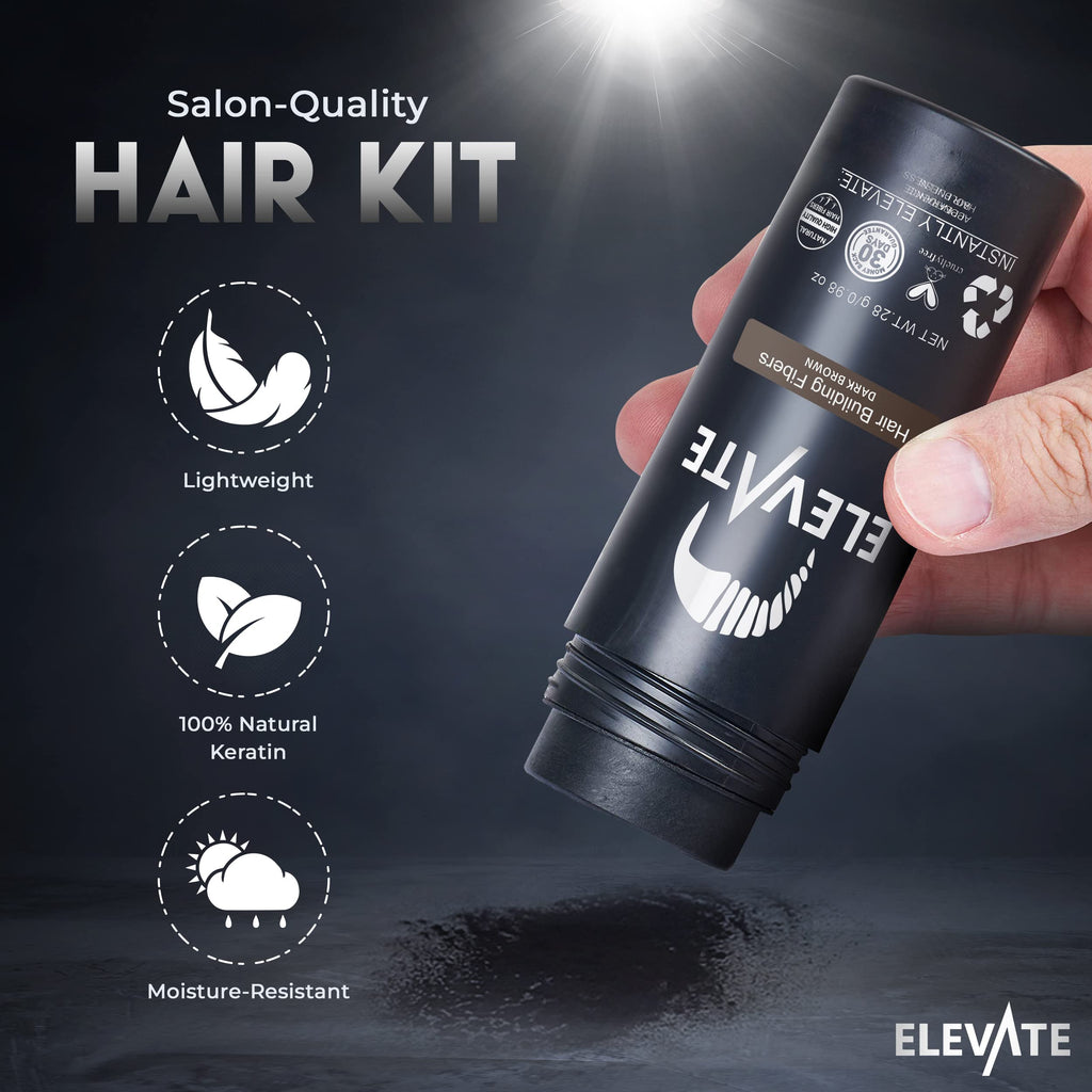 Elevate Hair Perfecting 3-in-1 Kit: Natural Keratin Fibers, Pump Applicator & Locking Spray for Instant Density (Dark Brown)