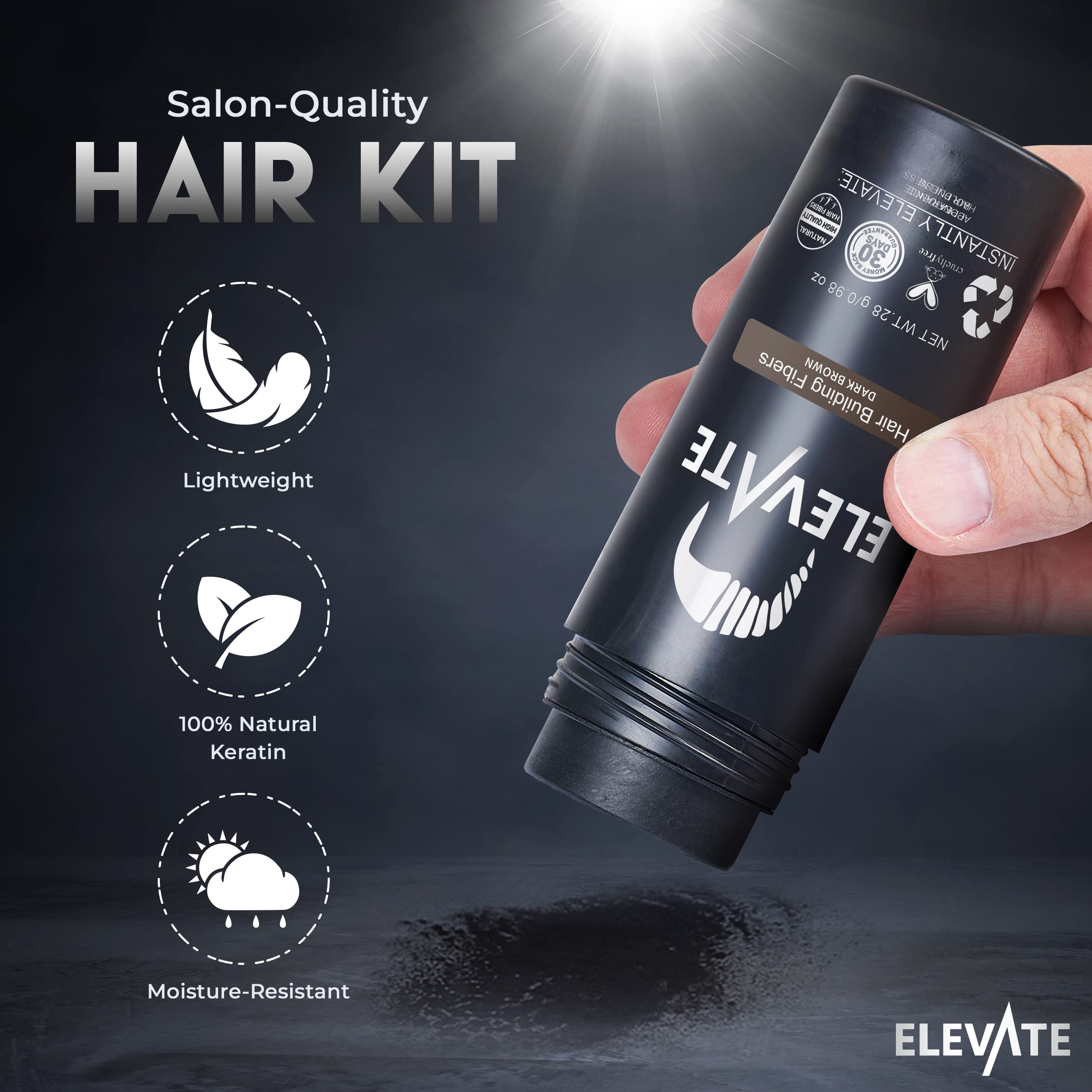 Elevate Hair Perfecting 3-in-1 Kit: Natural Keratin Fibers, Pump Applicator & Locking Spray for Instant Density (Dark Brown)