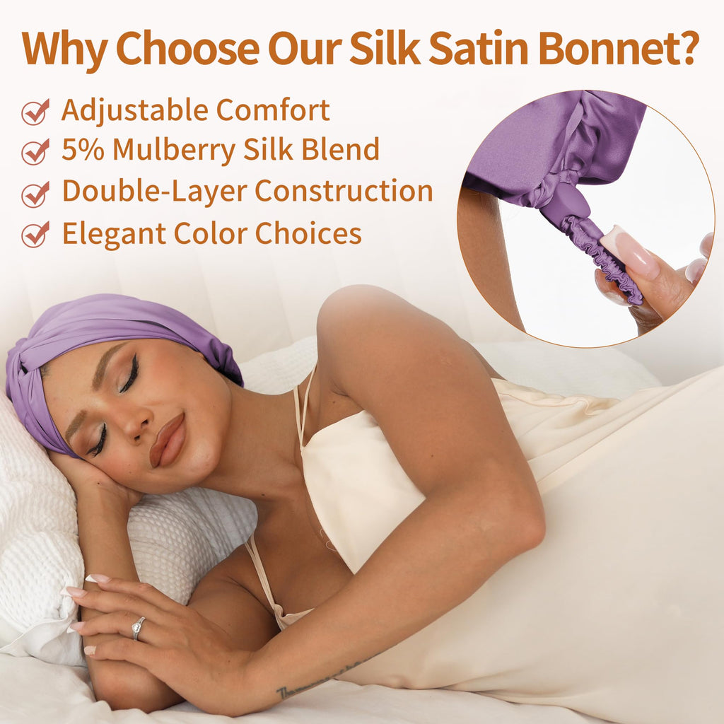 ELIO Adjustable Silk Satin Hair Bonnet – 5% Mulberry Silk, Double Layer, 20–25in, Lavender