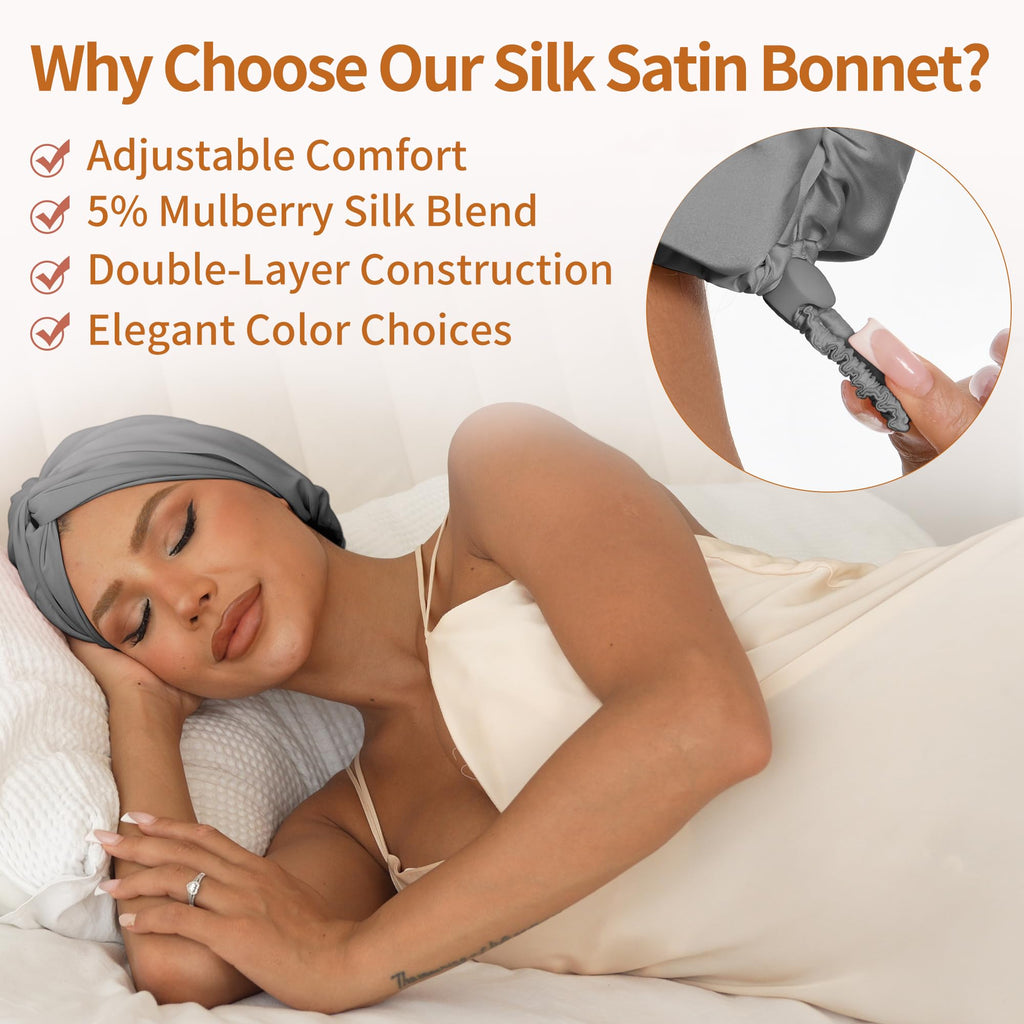 ELIO Adjustable Silk Satin Hair Bonnet – 5% Mulberry Silk, Double Layer, 20–25" Fit (Grey)