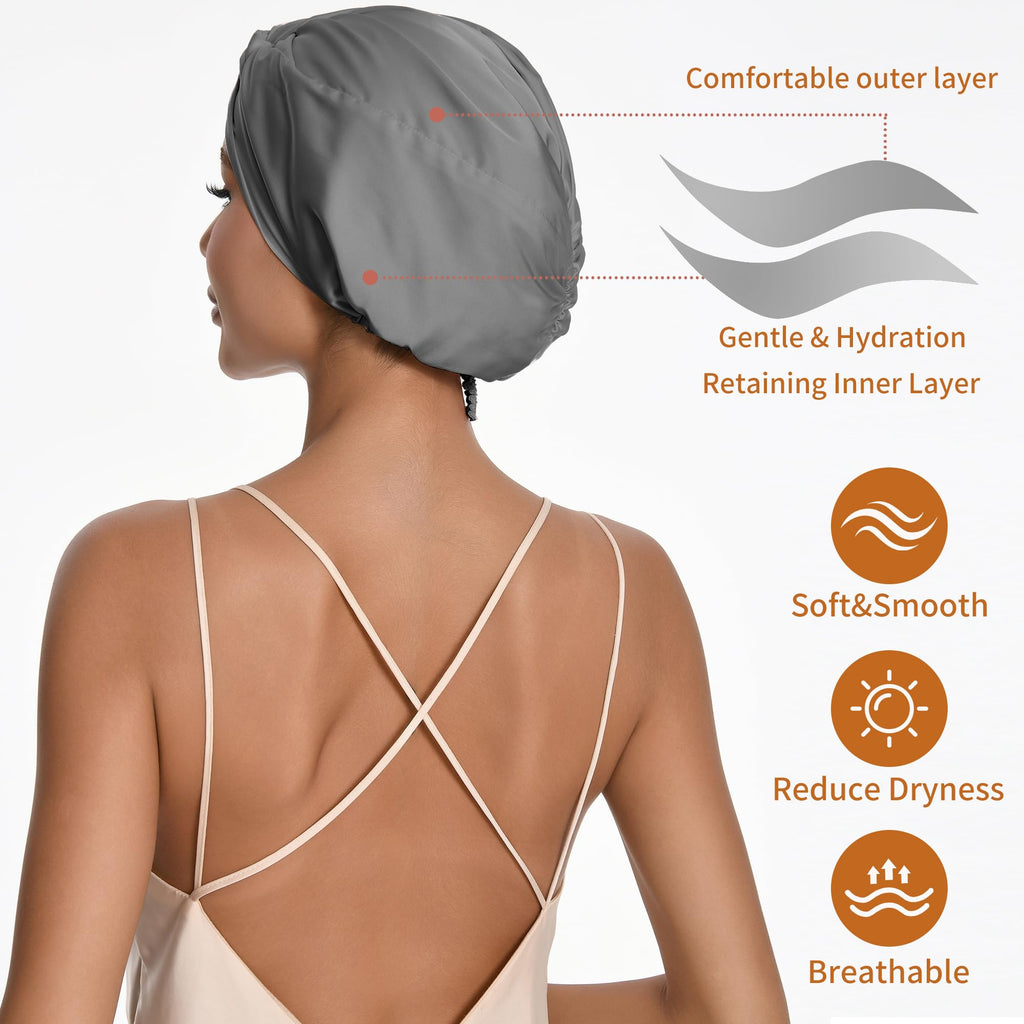 ELIO Adjustable Silk Satin Hair Bonnet – 5% Mulberry Silk, Double Layer, 20–25" Fit (Grey)