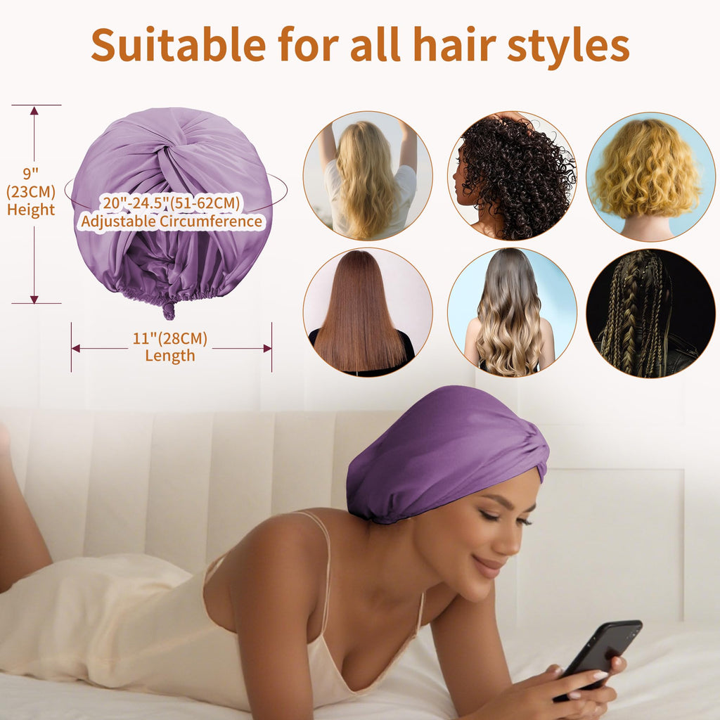 ELIO Adjustable Silk Satin Hair Bonnet – 5% Mulberry Silk, Double Layer, 20–25in, Lavender
