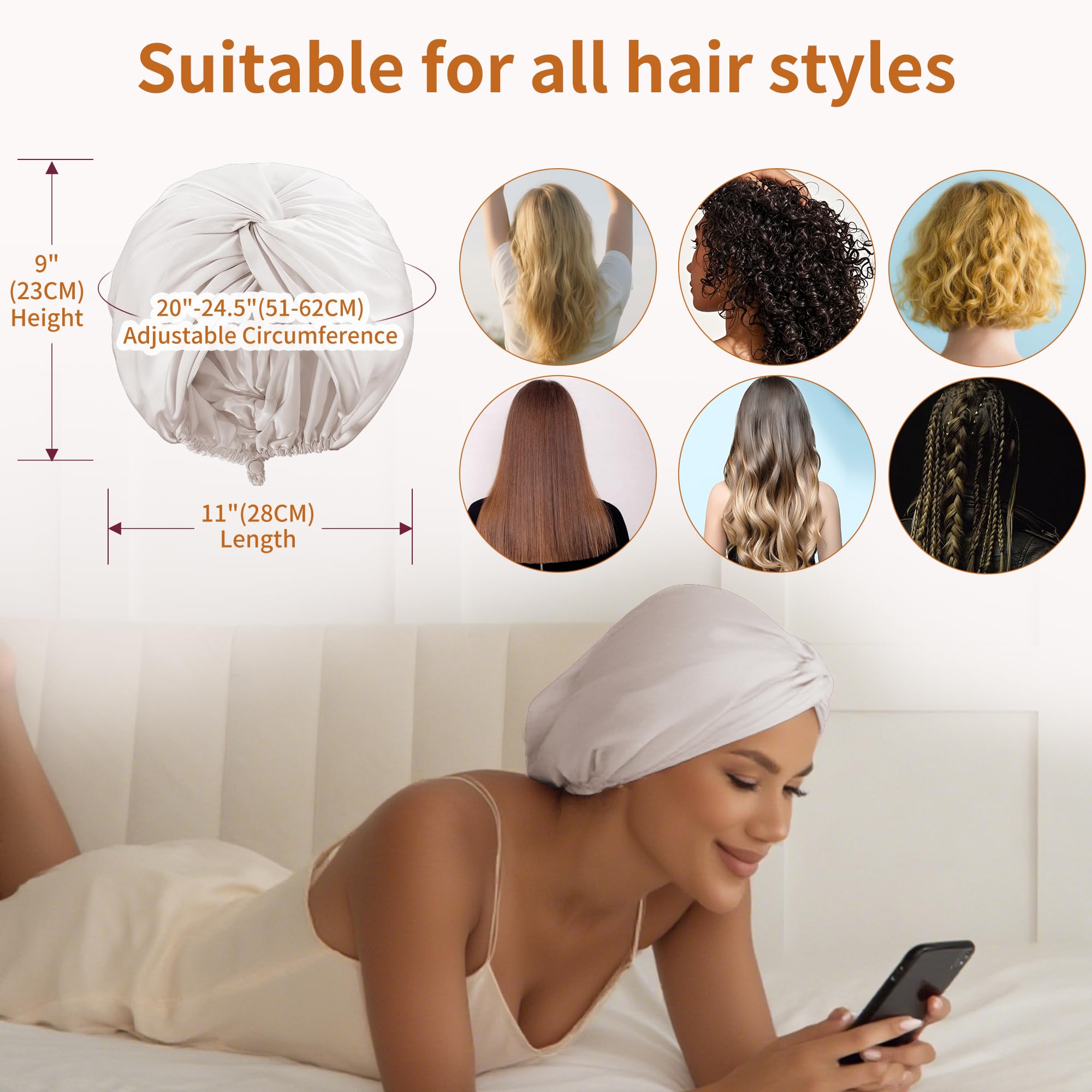 ELIO Adjustable Silk Satin Hair Bonnet – 5% Mulberry Silk, Double Layer, Champagne