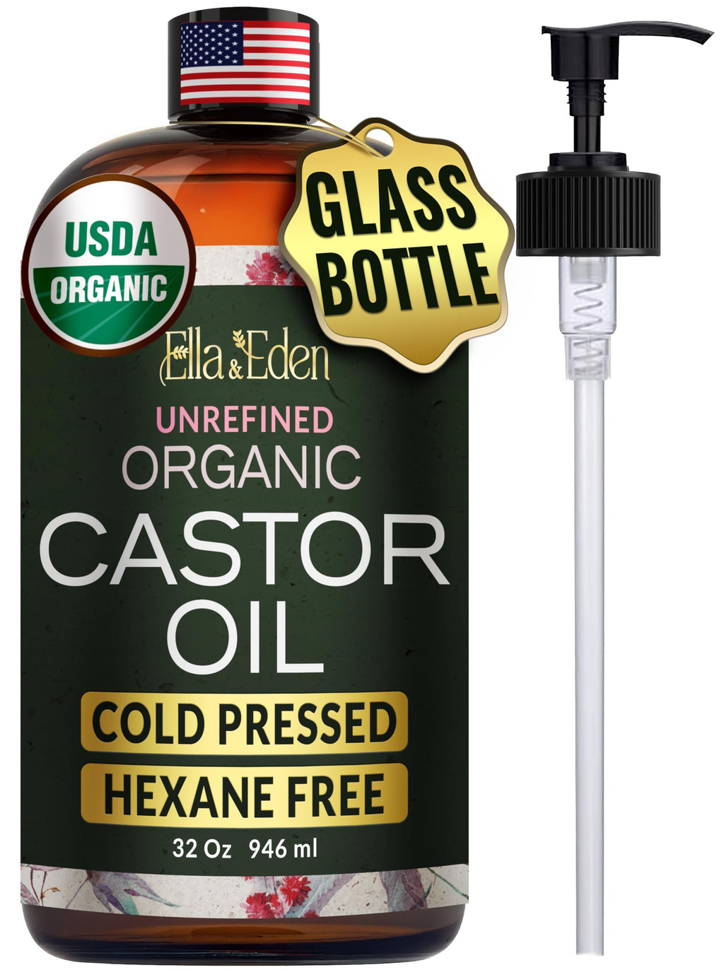 Ella & Eden Organic Castor Oil 32oz — Cold-Pressed, Hexane-Free, USDA Certified