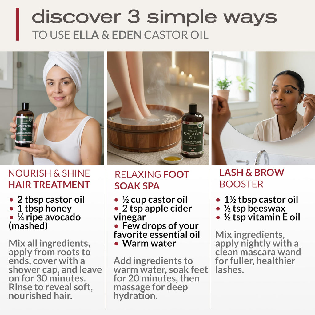 Ella & Eden Organic Castor Oil 32oz — Cold-Pressed, Hexane-Free, USDA Certified