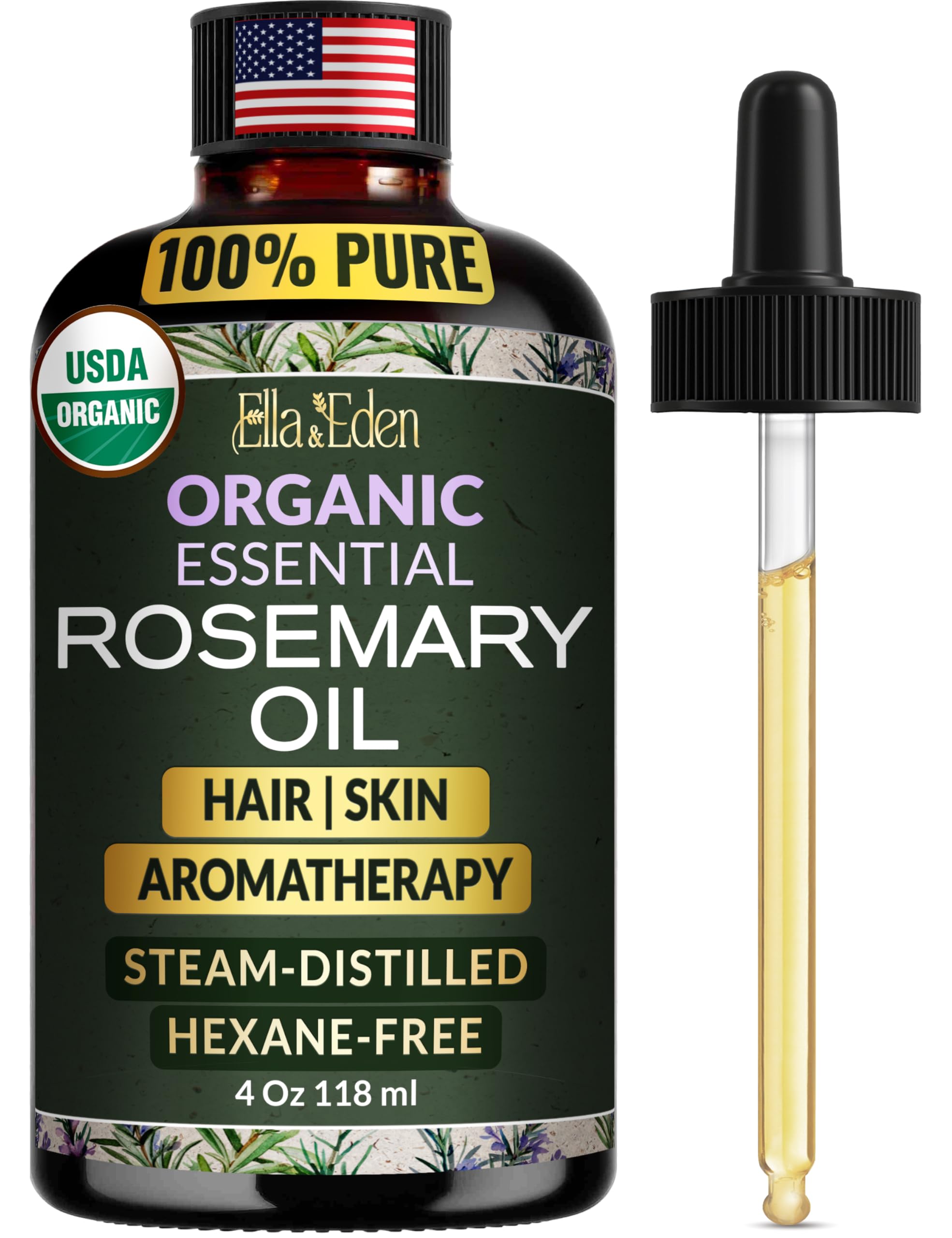 Ella & Eden Organic Rosemary Essential Oil - 4 oz Steam-Distilled, Hexane-Free