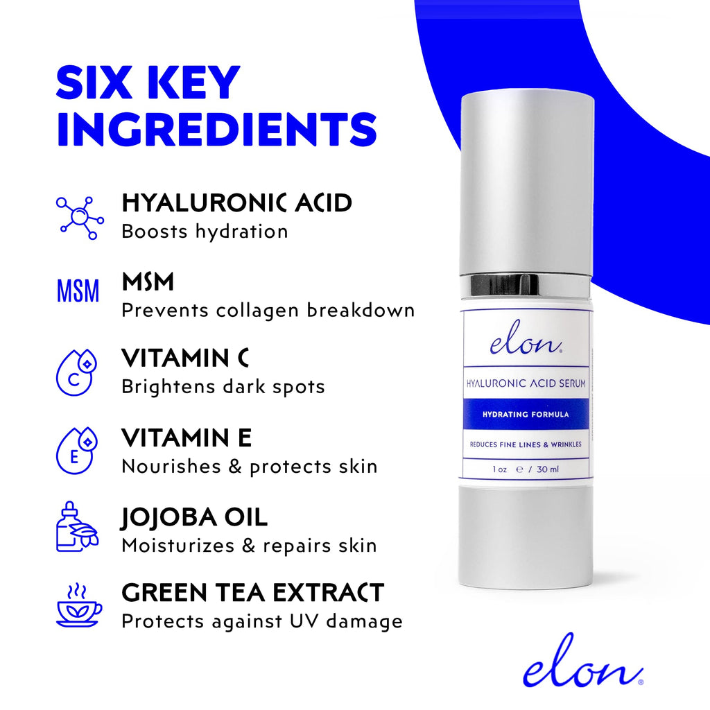 Elon Hyaluronic Acid Serum for Face & Neck - Hydration, Vitamin C & E, Jojoba Oil