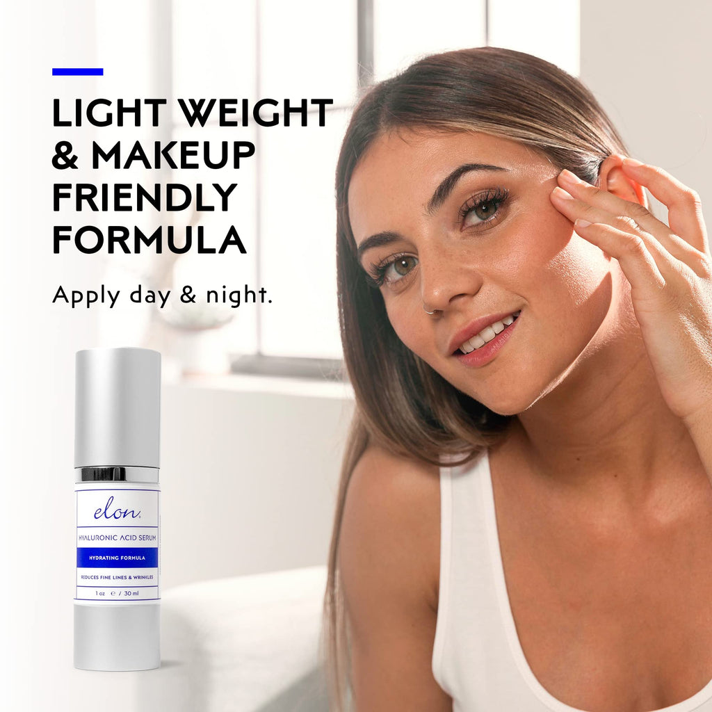 Elon Hyaluronic Acid Serum for Face & Neck - Hydration, Vitamin C & E, Jojoba Oil