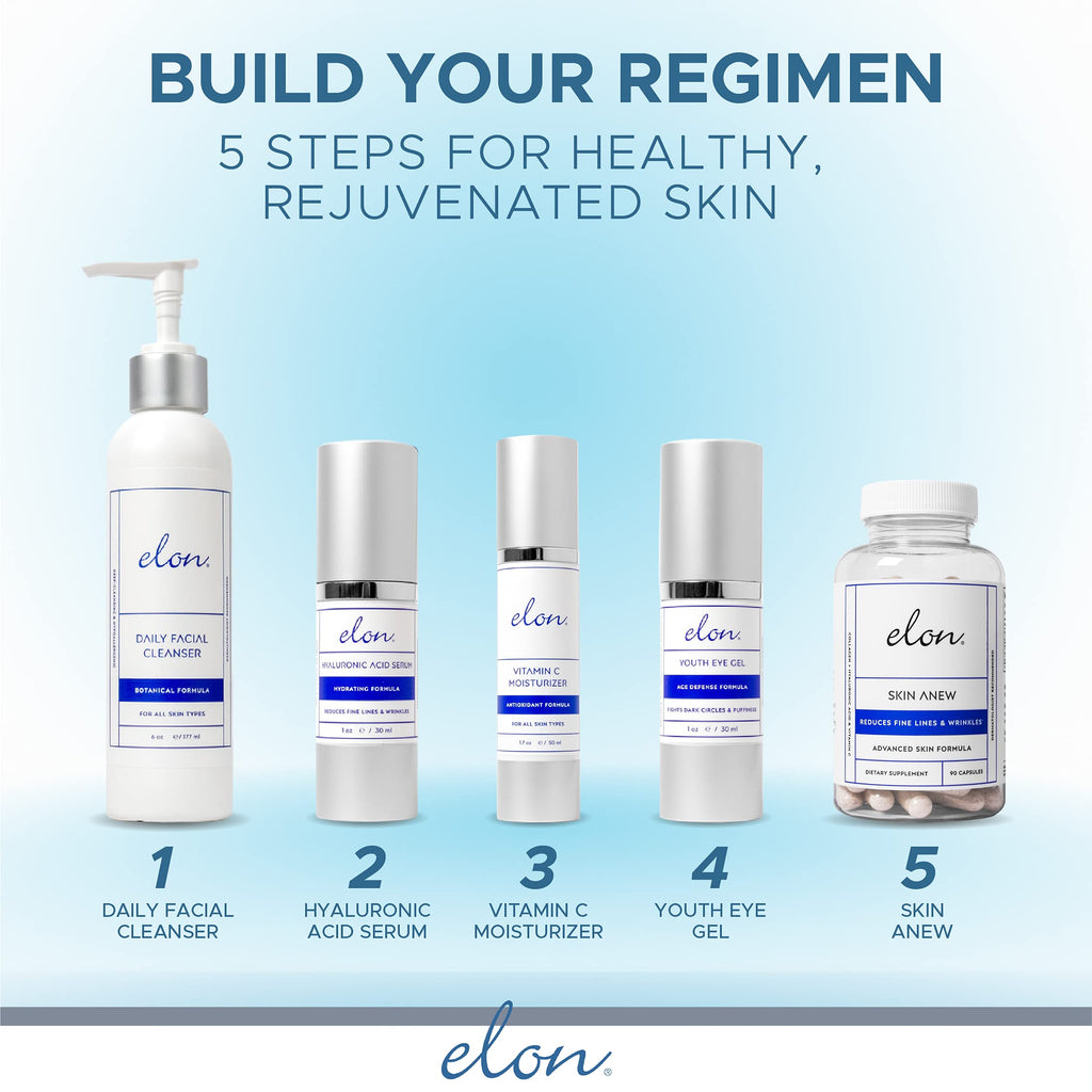 Elon Hyaluronic Acid Serum for Face & Neck - Hydration, Vitamin C & E, Jojoba Oil