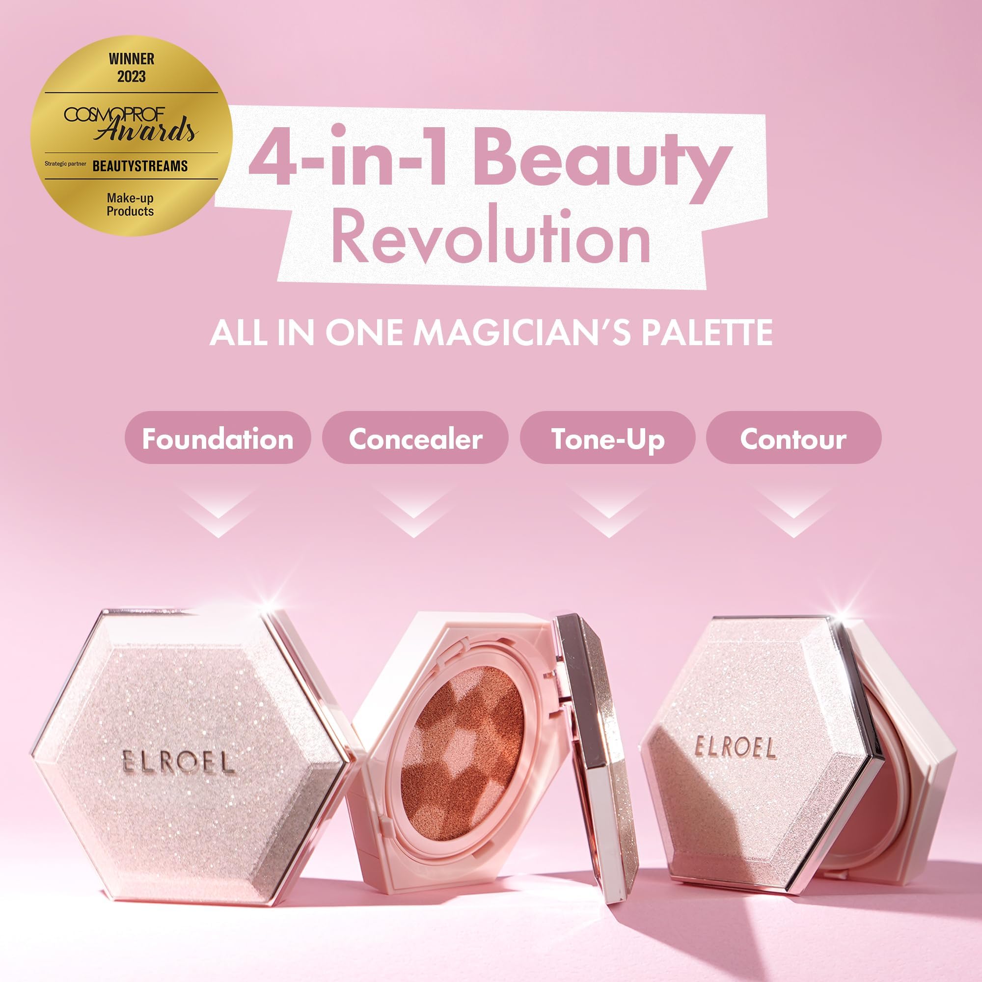 ELROEL Blending Cushion 4-in-1 Foundation with Italian Caviar, Collagen & Hyaluronic Acid – 12HR Hydration (#25 Medium Beige) 0.44 oz