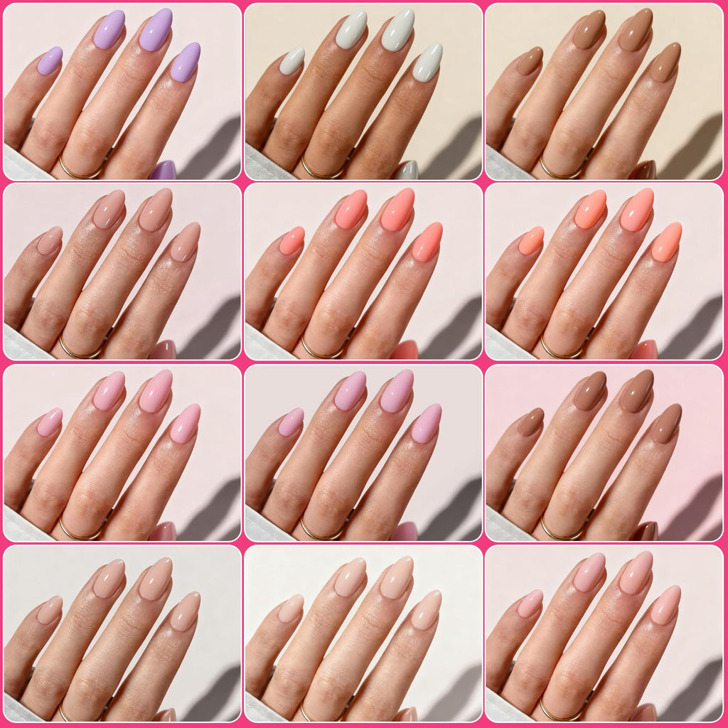 ELSAGIRL 12 Colors Short Almond Press-On Nails — 360 PCS with Adhesive Tabs | Glossy Jelly Nude Milky White
