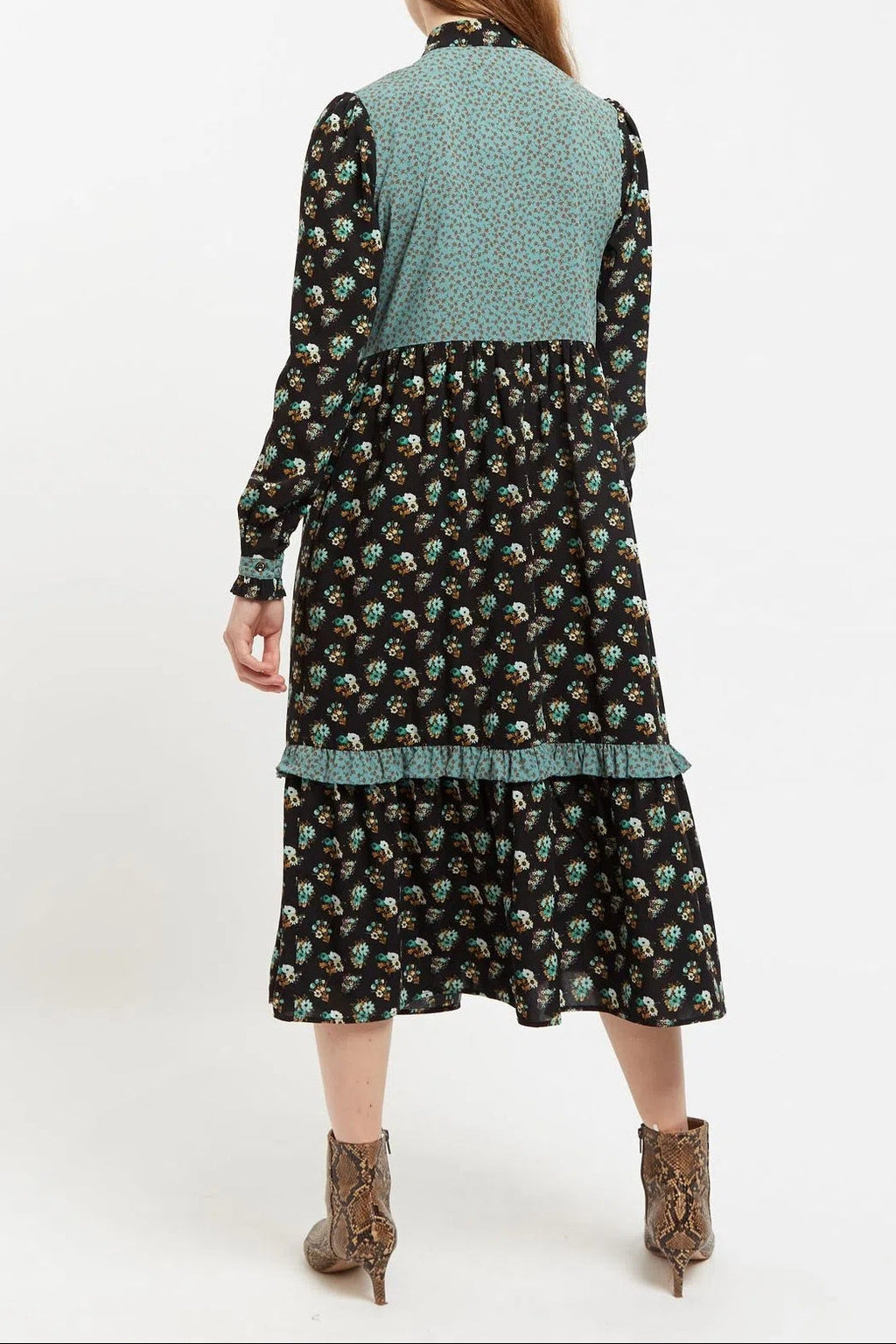 Louche Elsie Posy Patchwork Print Tiered Long Sleeve Midi Dress