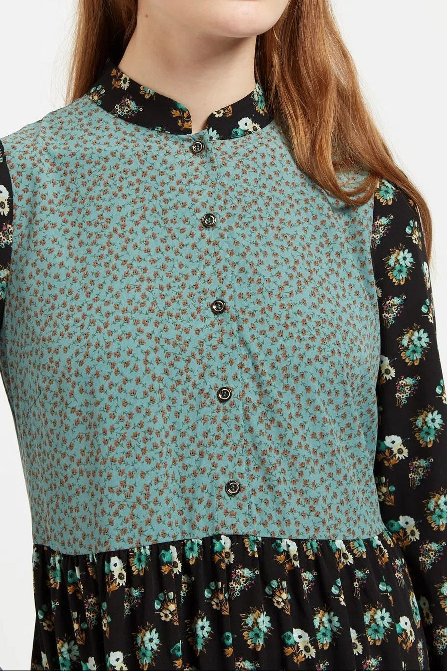 Louche Elsie Posy Patchwork Print Tiered Long Sleeve Midi Dress