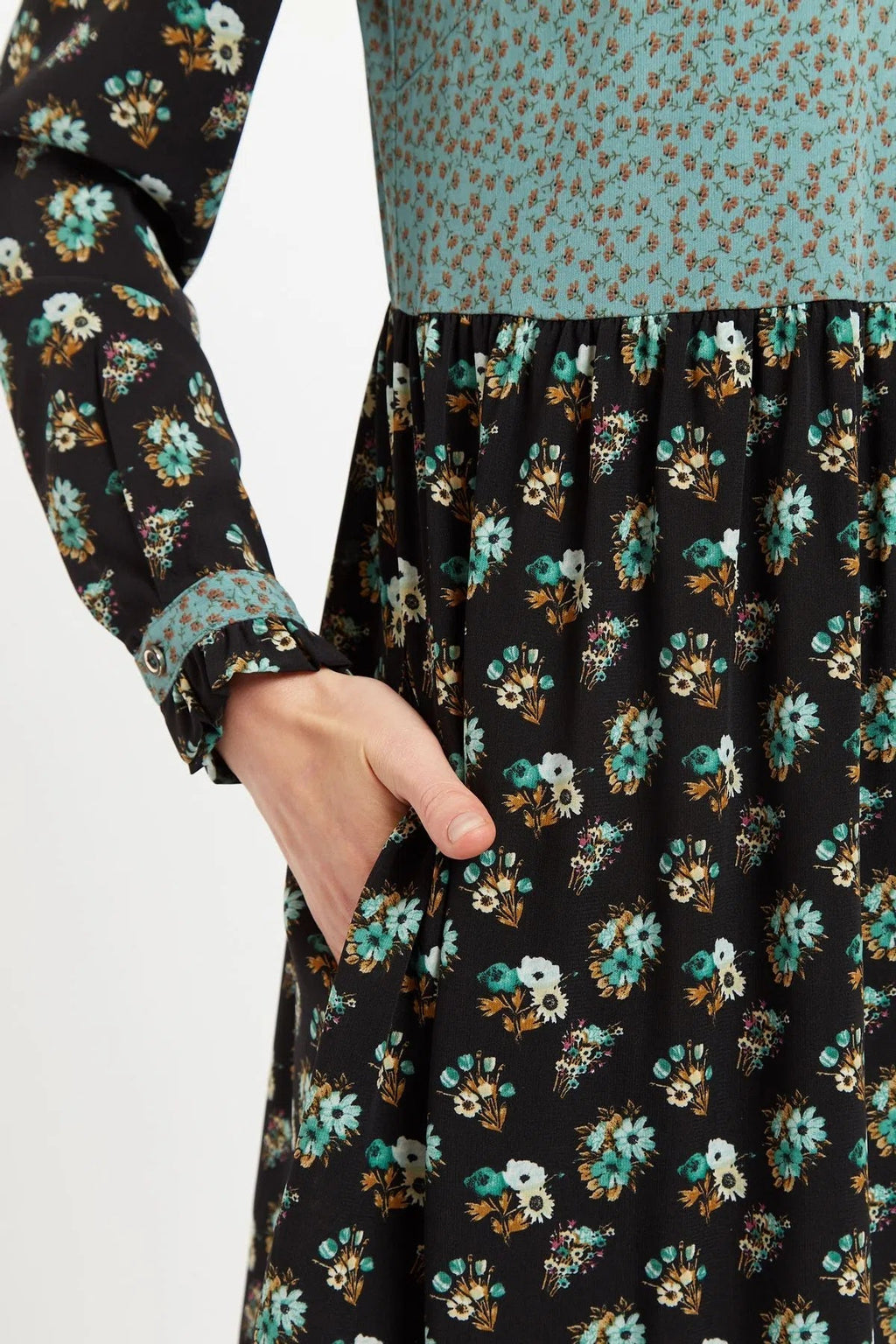 Louche Elsie Posy Patchwork Print Tiered Long Sleeve Midi Dress
