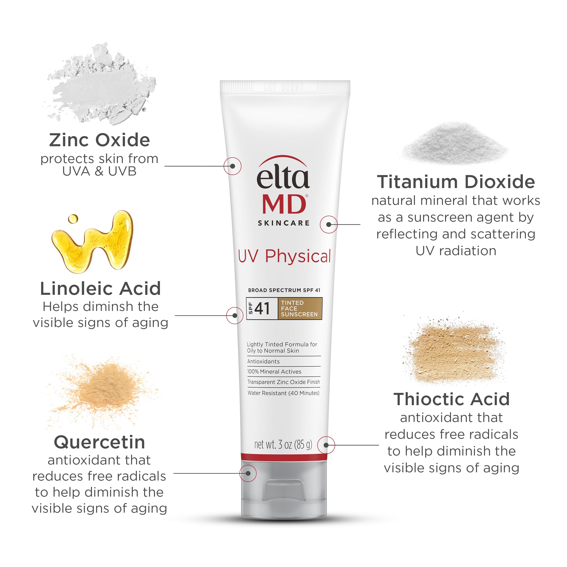 EltaMD UV Physical Tinted Face Sunscreen SPF 41 | Mineral, Matte Finish, 100% Mineral Actives