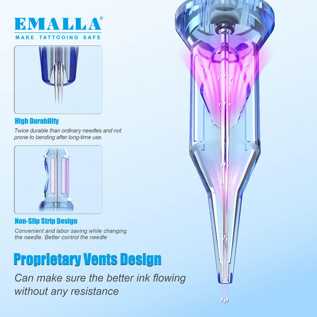 Emalla Eliot Tattoo Cartridges – 20Pcs #10 Bugpin Curved Magnum 0.30mm, 5.0mm