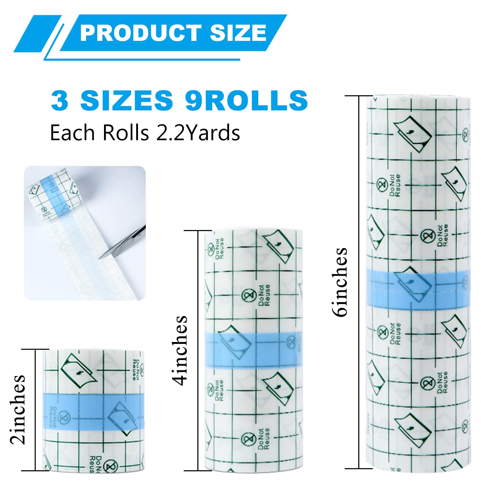 Emalla 9 Rolls Second Skin Tattoo Cover – Waterproof Breathable Aftercare Patch (2-inch, 4-inch, 6-inch x 2.2 yd)