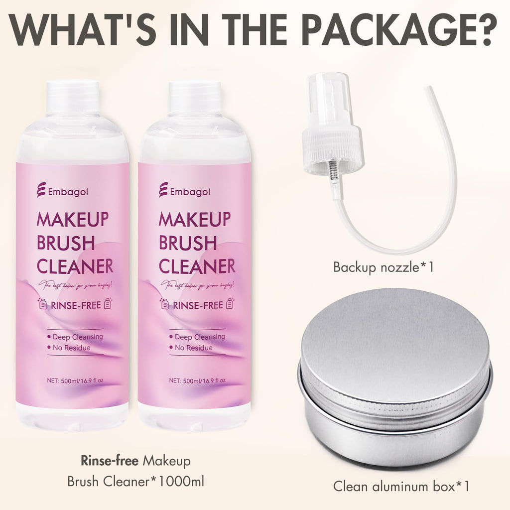 Embagol Makeup Brush Cleaner – Rinse-Free, Quick-Dry, Vegan & Cruelty-Free, 2-Pack (1000 ml / 33.8 fl oz)