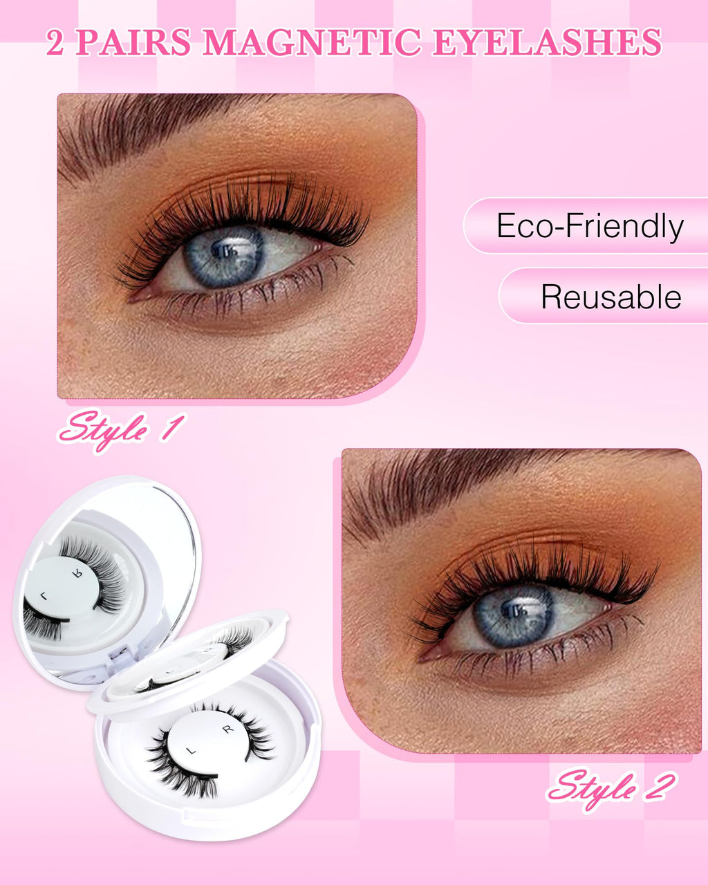 EMEDA Natural Look Magnetic Eyelashes Kit – 2 Reusable Pairs with Applicator & Mirror | No Glue Needed