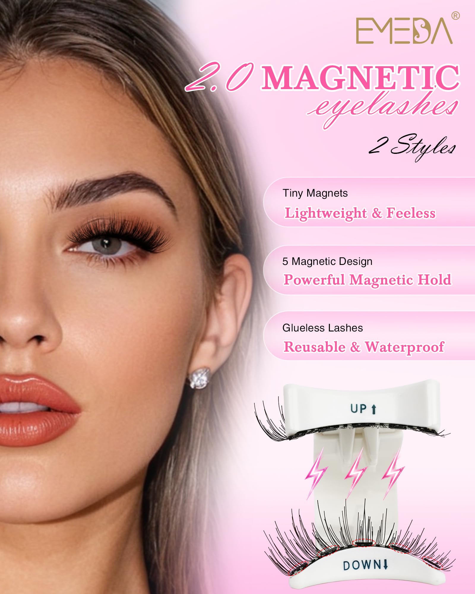 EMEDA Natural Look Magnetic Eyelashes Kit – 2 Pairs, Reusable, No Glue Needed, with Applicator & Mirror