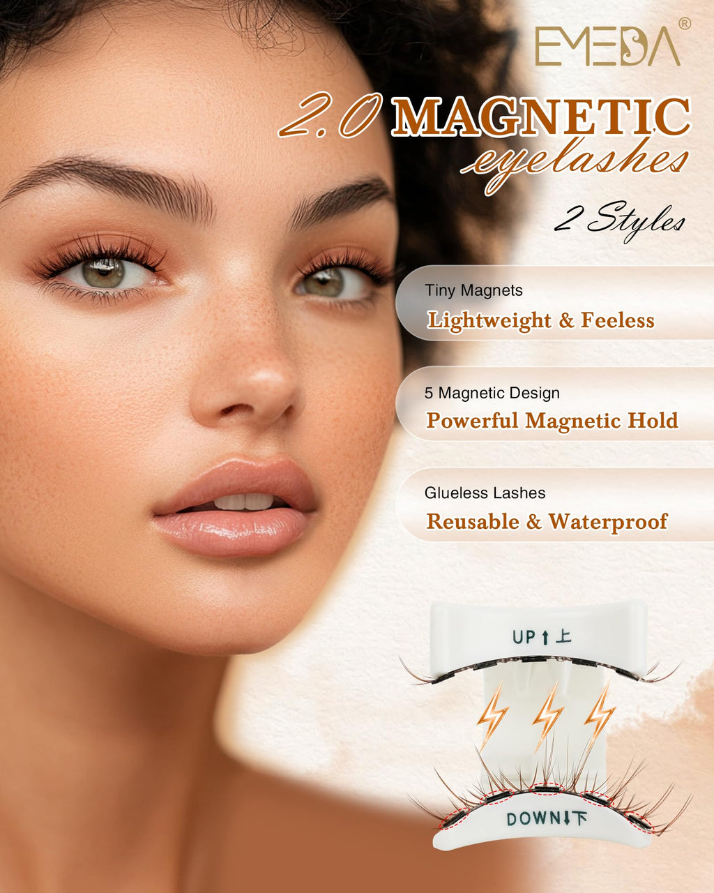 EMEDA Natural Look Magnetic Eyelashes Kit – 2 Pairs, Reusable, No Glue, Includes Applicator & Mirror
