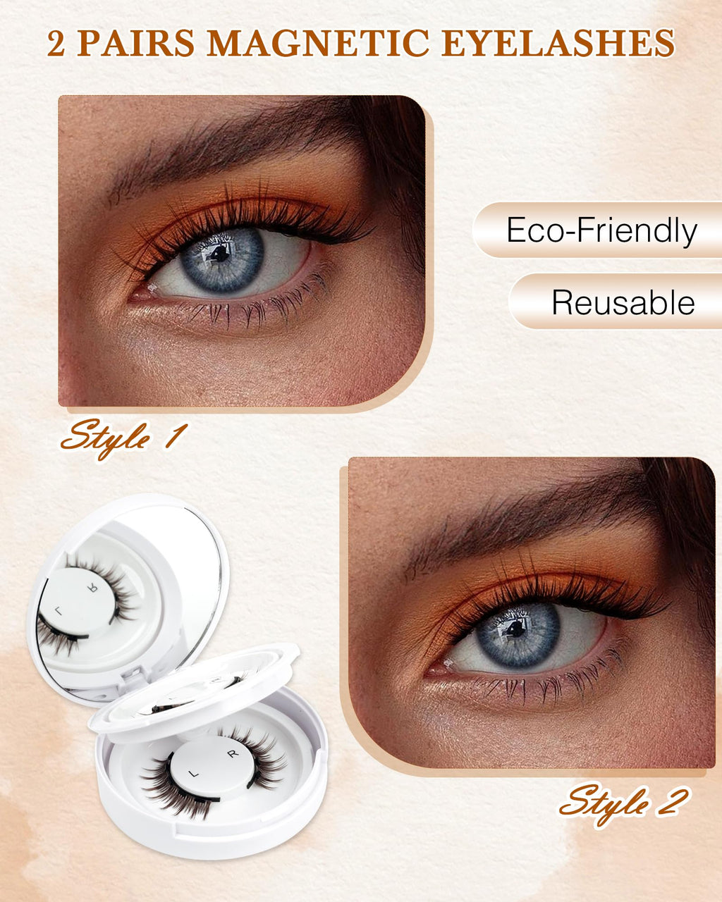 EMEDA Natural Look Magnetic Eyelashes Kit – 2 Pairs, Reusable, No Glue, Includes Applicator & Mirror