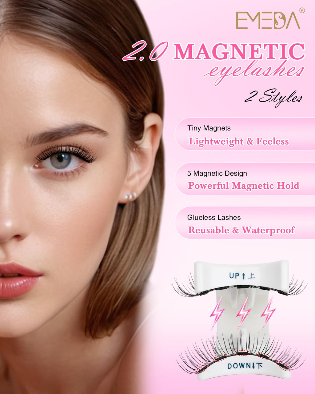 EMEDA Natural Look Magnetic Eyelashes Kit – 2 Reusable Pairs with Applicator & Mirror | No Glue Needed