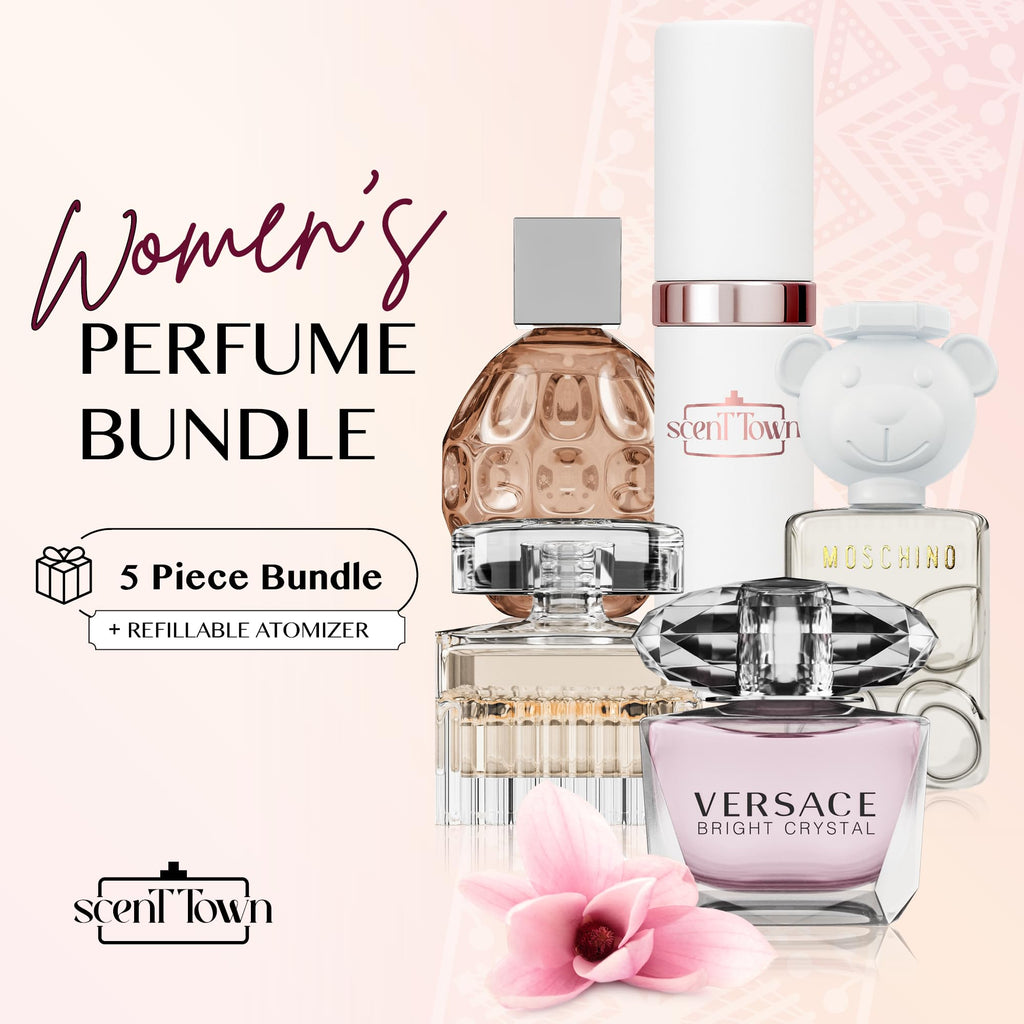 Scent Town Mini Perfumes for Women (Set of 5) – Designer Samples + Empty Refillable Atomizer in Gift Box