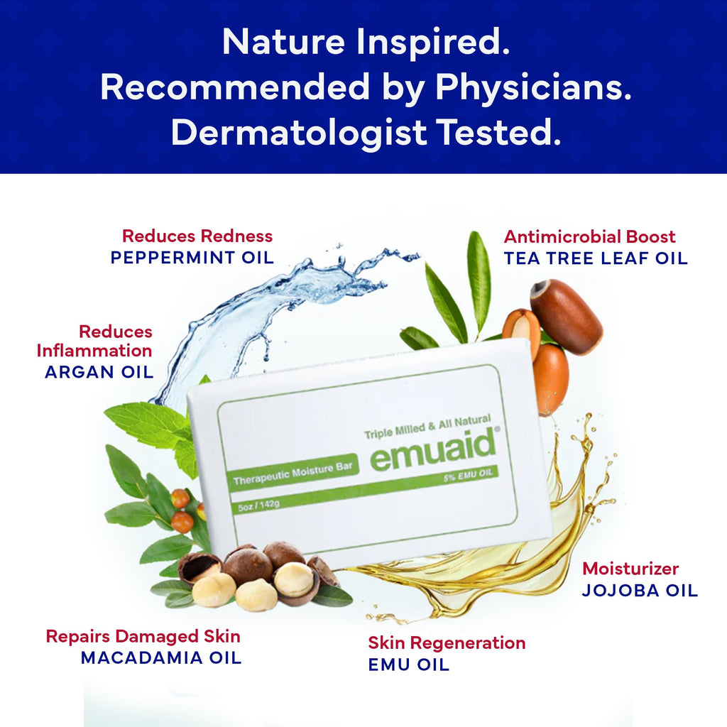 Emuaid Therapeutic Moisture Bar – Medicated Face & Body Cleanser with 5% Emu Oil, Tea Tree & Botanical Oils (5oz)