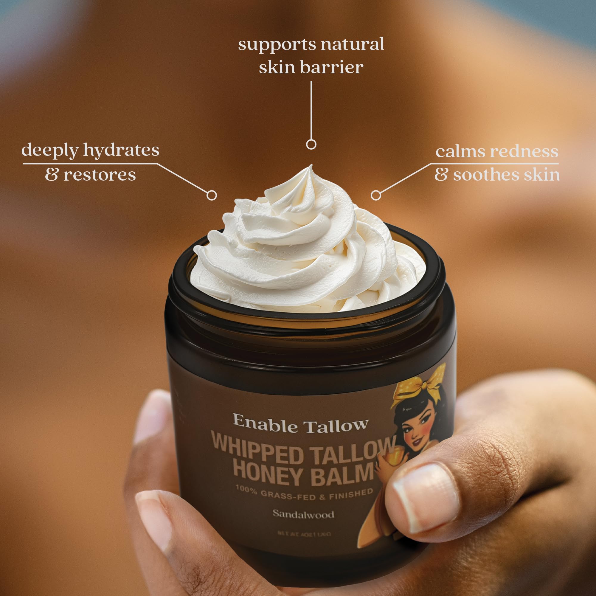 Enable Tallow Face & Body Cream – Whipped Beef Tallow & Manuka Honey Balm for Dry & Sensitive Skin, 4oz