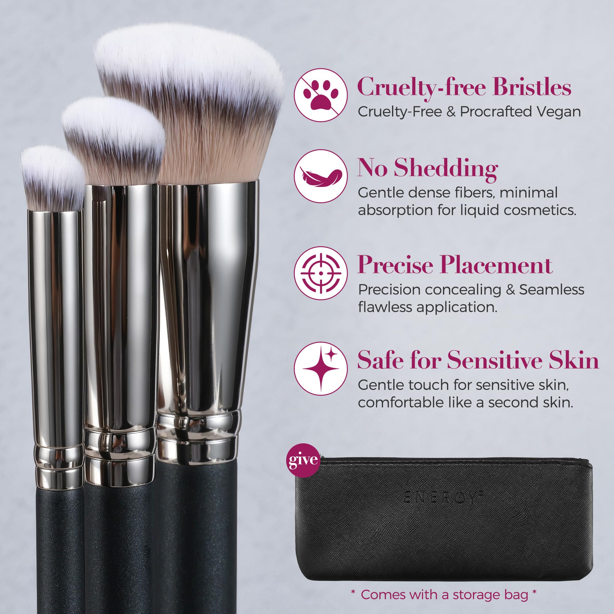 ENERGY Makeup Brush Set - 3-Piece Professional Kit with Vegan Bristles & Travel Case