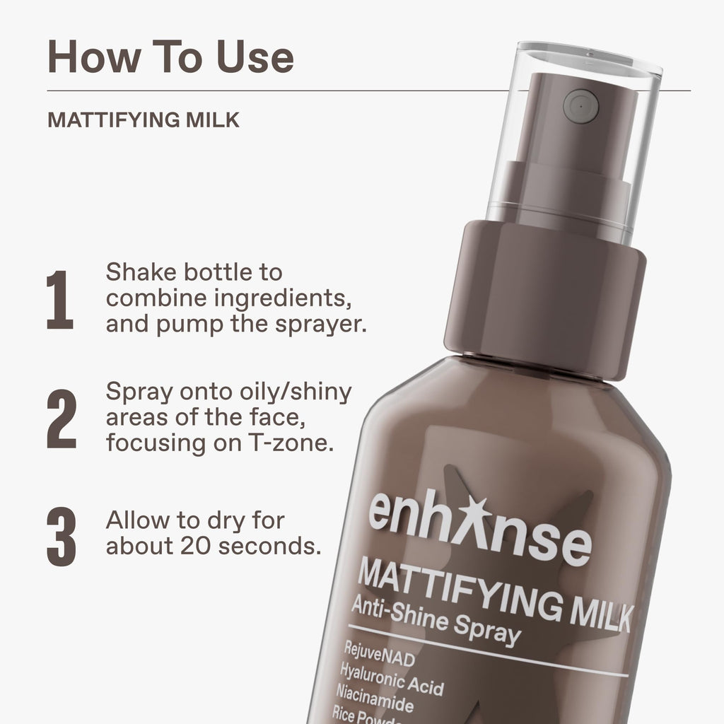 ENHANSE Mattifying Milk Anti Shine Spray for Men – Hydration, Rice Powder, RejuveNAD, 3.4 fl oz