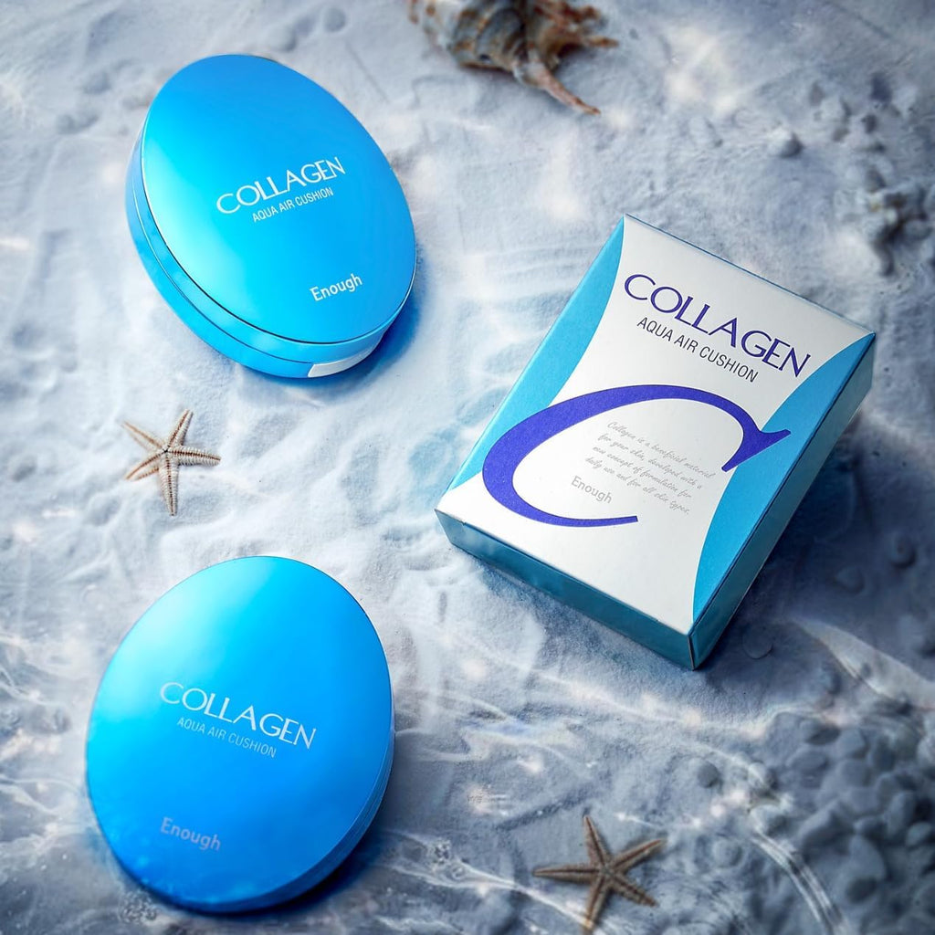 ENOUGH Collagen Aqua Air Cushion SPF 50+ PA+++ — Full Coverage Hydrating Foundation & Tinted Moisturizer Sunscreen (#21 Natural Glow) with Refill Set