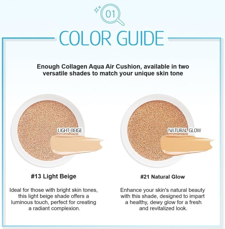 ENOUGH Collagen Aqua Air Cushion SPF 50+ PA+++ — Full Coverage Hydrating Foundation & Tinted Moisturizer Sunscreen (#21 Natural Glow) with Refill Set