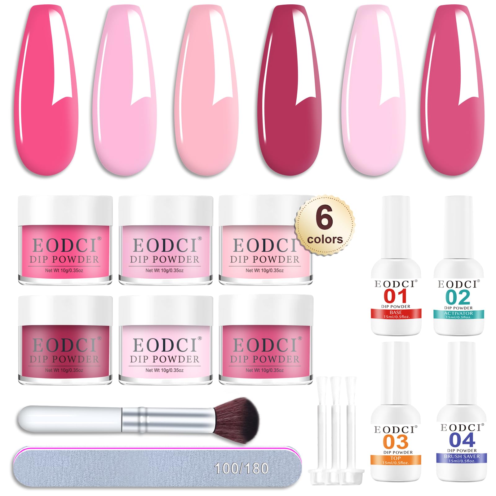 Eodci Dip Powder Nail Set – 6 Colors Hot Pink Series, 12-Piece Kit with Base & Top Coat, No Lamp Needed