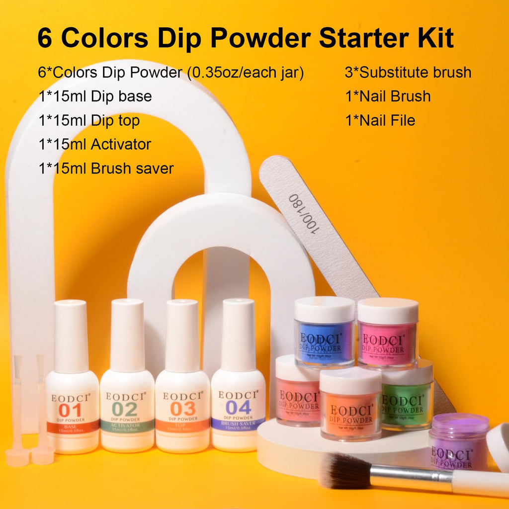 Eodci Dip Powder Nail Kit Starter – 6 Colors, Base & Top Coat, Activator, Brush Saver (12 Pcs)