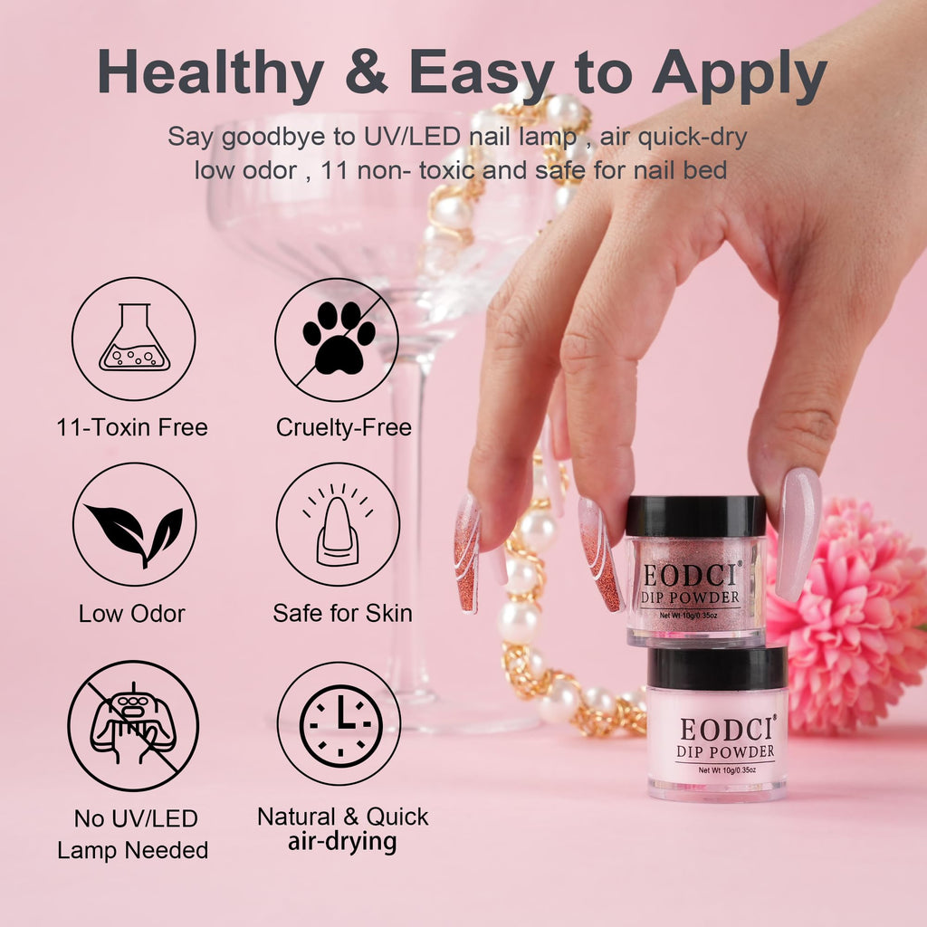 Eodci Dip Powder Nail Kit Starter - 6 Glitter Colors, No Lamp Needed, Base & Top Coat Included